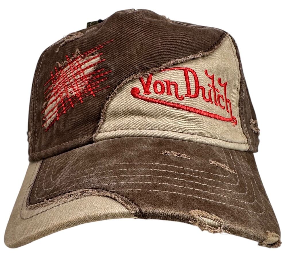 Von Dutch Trucker Hat Misfit Distressed Rips Embroidered Brown Strapback Cap